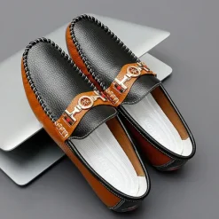 OUKU Men's White and Yellow Faux Leather Loafers with Gold Buckle – Stylish Casual Slip-On Shoes for Driving, Parties, and Daily Wear