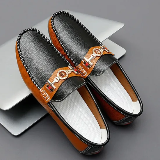 OUKU Men's White and Yellow Faux Leather Loafers with Gold Buckle – Stylish Casual Slip-On Shoes for Driving, Parties, and Daily Wear