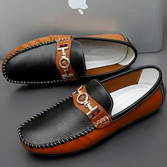 OUKU Men's White and Yellow Faux Leather Loafers with Gold Buckle – Stylish Casual Slip-On Shoes for Driving, Parties, and Daily Wear