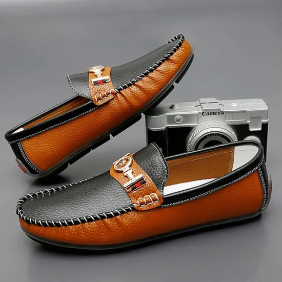 OUKU Men's White and Yellow Faux Leather Loafers with Gold Buckle – Stylish Casual Slip-On Shoes for Driving, Parties, and Daily Wear