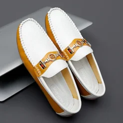 OUKU Men's White and Yellow Faux Leather Loafers with Gold Buckle – Stylish Casual Slip-On Shoes for Driving, Parties, and Daily Wear