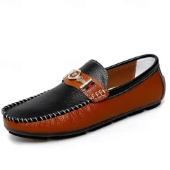 OUKU Men's White and Yellow Faux Leather Loafers with Gold Buckle – Stylish Casual Slip-On Shoes for Driving, Parties, and Daily Wear