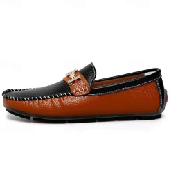 OUKU Men's White and Yellow Faux Leather Loafers with Gold Buckle – Stylish Casual Slip-On Shoes for Driving, Parties, and Daily Wear