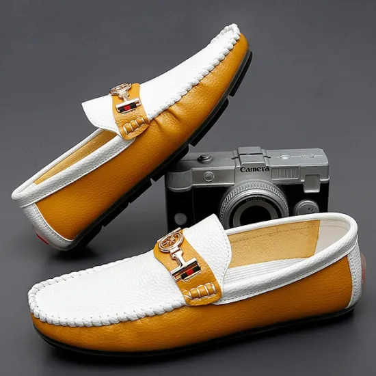 OUKU Men's White and Yellow Faux Leather Loafers with Gold Buckle – Stylish Casual Slip-On Shoes for Driving, Parties, and Daily Wear