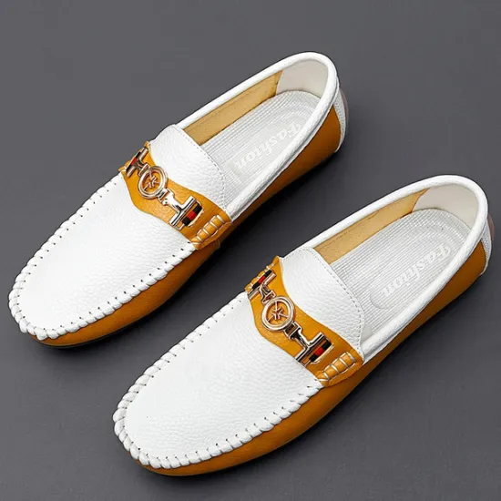OUKU Men's White and Yellow Faux Leather Loafers with Gold Buckle – Stylish Casual Slip-On Shoes for Driving, Parties, and Daily Wear