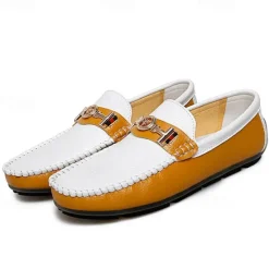 OUKU Men's White and Yellow Faux Leather Loafers with Gold Buckle – Stylish Casual Slip-On Shoes for Driving, Parties, and Daily Wear