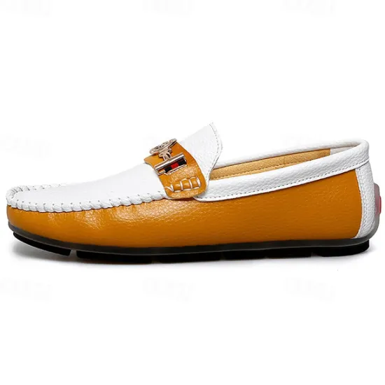 OUKU Men's White and Yellow Faux Leather Loafers with Gold Buckle – Stylish Casual Slip-On Shoes for Driving, Parties, and Daily Wear