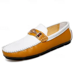 OUKU Men's White and Yellow Faux Leather Loafers with Gold Buckle – Stylish Casual Slip-On Shoes for Driving, Parties, and Daily Wear