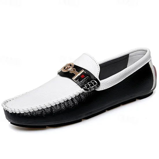 OUKU Men's White and Yellow Faux Leather Loafers with Gold Buckle – Stylish Casual Slip-On Shoes for Driving, Parties, and Daily Wear