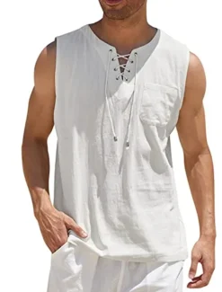Best OUKU Men's White Cotton Shirt Summer Shirt Casual Shirt Beach Shirt Cotton Linen Shirt Plain Outdoor Vacation Black White Wine Brown Sleeveless V Neck Summer Clothing Apparel Lace up