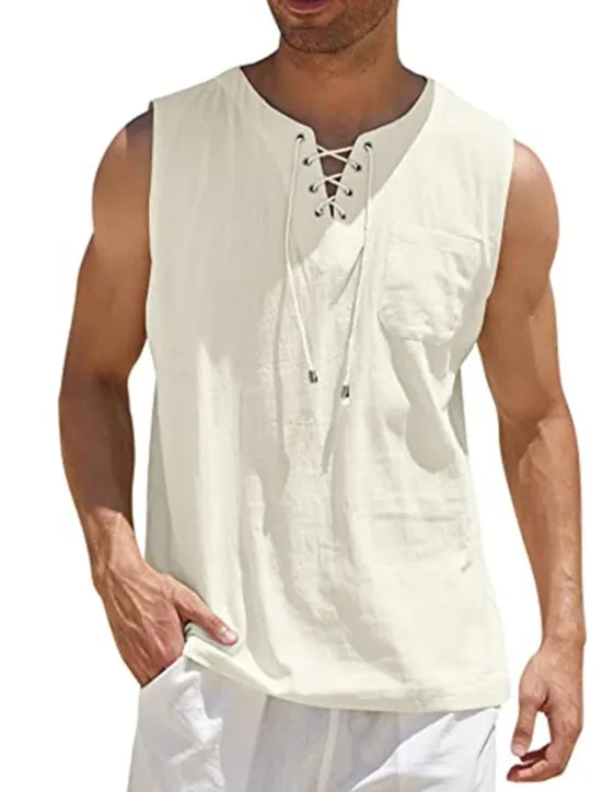 Best OUKU Men's White Cotton Shirt Summer Shirt Casual Shirt Beach Shirt Cotton Linen Shirt Plain Outdoor Vacation Black White Wine Brown Sleeveless V Neck Summer Clothing Apparel Lace up