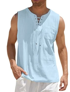 Best OUKU Men's White Cotton Shirt Summer Shirt Casual Shirt Beach Shirt Cotton Linen Shirt Plain Outdoor Vacation Black White Wine Brown Sleeveless V Neck Summer Clothing Apparel Lace up