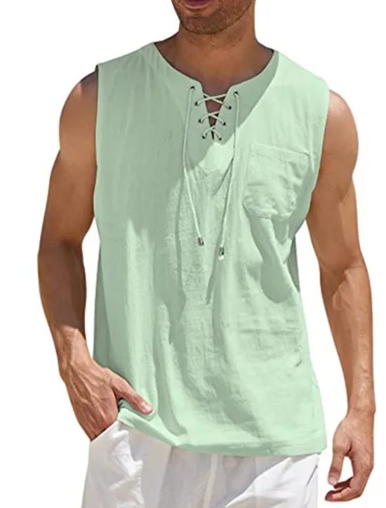 Best OUKU Men's White Cotton Shirt Summer Shirt Casual Shirt Beach Shirt Cotton Linen Shirt Plain Outdoor Vacation Black White Wine Brown Sleeveless V Neck Summer Clothing Apparel Lace up