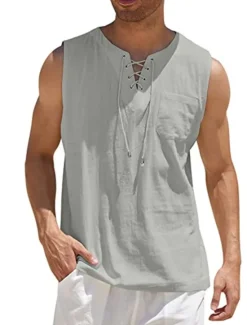 Best OUKU Men's White Cotton Shirt Summer Shirt Casual Shirt Beach Shirt Cotton Linen Shirt Plain Outdoor Vacation Black White Wine Brown Sleeveless V Neck Summer Clothing Apparel Lace up