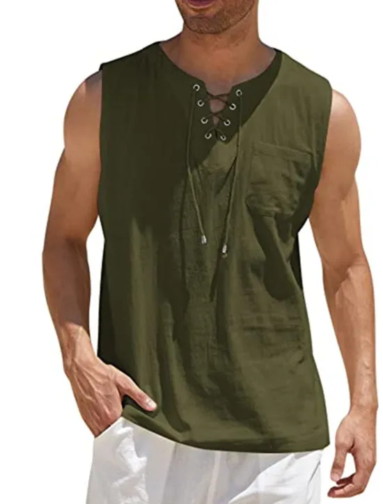Best OUKU Men's White Cotton Shirt Summer Shirt Casual Shirt Beach Shirt Cotton Linen Shirt Plain Outdoor Vacation Black White Wine Brown Sleeveless V Neck Summer Clothing Apparel Lace up
