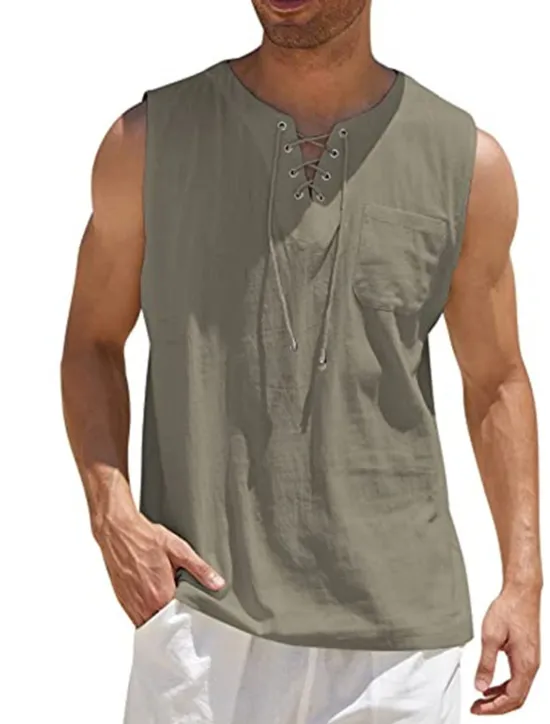 Best OUKU Men's White Cotton Shirt Summer Shirt Casual Shirt Beach Shirt Cotton Linen Shirt Plain Outdoor Vacation Black White Wine Brown Sleeveless V Neck Summer Clothing Apparel Lace up