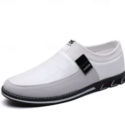 Clearance OUKU Men's Crocodile Embossed Faux LeatherSlip-On Loafers with Decorative Buckle - Stylish Casual Shoes for Business and Formal Occasions White