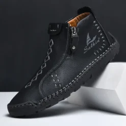 Online OUKU Men's White Faux Leather Casual Ankle Boots with Zipper and Hand-Stitched Sole | Stylish and Comfortable Outdoor Footwear