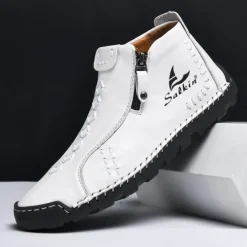 Online OUKU Men's White Faux Leather Casual Ankle Boots with Zipper and Hand-Stitched Sole | Stylish and Comfortable Outdoor Footwear
