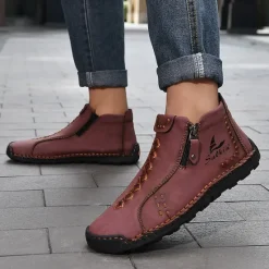 Online OUKU Men's White Faux Leather Casual Ankle Boots with Zipper and Hand-Stitched Sole | Stylish and Comfortable Outdoor Footwear