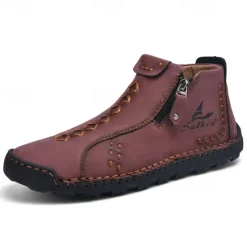 Online OUKU Men's White Faux Leather Casual Ankle Boots with Zipper and Hand-Stitched Sole | Stylish and Comfortable Outdoor Footwear