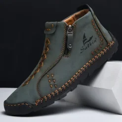Online OUKU Men's White Faux Leather Casual Ankle Boots with Zipper and Hand-Stitched Sole | Stylish and Comfortable Outdoor Footwear