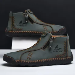 Online OUKU Men's White Faux Leather Casual Ankle Boots with Zipper and Hand-Stitched Sole | Stylish and Comfortable Outdoor Footwear