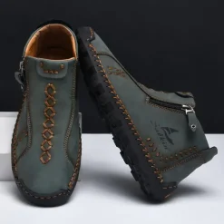 Online OUKU Men's White Faux Leather Casual Ankle Boots with Zipper and Hand-Stitched Sole | Stylish and Comfortable Outdoor Footwear