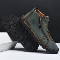 Online OUKU Men's White Faux Leather Casual Ankle Boots with Zipper and Hand-Stitched Sole | Stylish and Comfortable Outdoor Footwear