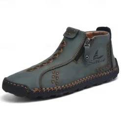 Online OUKU Men's White Faux Leather Casual Ankle Boots with Zipper and Hand-Stitched Sole | Stylish and Comfortable Outdoor Footwear