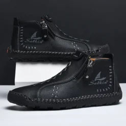 Online OUKU Men's White Faux Leather Casual Ankle Boots with Zipper and Hand-Stitched Sole | Stylish and Comfortable Outdoor Footwear