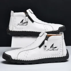 Online OUKU Men's White Faux Leather Casual Ankle Boots with Zipper and Hand-Stitched Sole | Stylish and Comfortable Outdoor Footwear