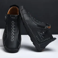 Online OUKU Men's White Faux Leather Casual Ankle Boots with Zipper and Hand-Stitched Sole | Stylish and Comfortable Outdoor Footwear