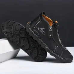 Online OUKU Men's White Faux Leather Casual Ankle Boots with Zipper and Hand-Stitched Sole | Stylish and Comfortable Outdoor Footwear