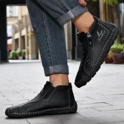 Online OUKU Men's White Faux Leather Casual Ankle Boots with Zipper and Hand-Stitched Sole | Stylish and Comfortable Outdoor Footwear