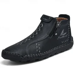Online OUKU Men's White Faux Leather Casual Ankle Boots with Zipper and Hand-Stitched Sole | Stylish and Comfortable Outdoor Footwear