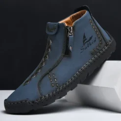 Online OUKU Men's White Faux Leather Casual Ankle Boots with Zipper and Hand-Stitched Sole | Stylish and Comfortable Outdoor Footwear
