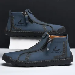 Online OUKU Men's White Faux Leather Casual Ankle Boots with Zipper and Hand-Stitched Sole | Stylish and Comfortable Outdoor Footwear