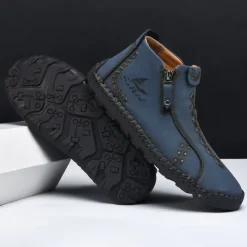 Online OUKU Men's White Faux Leather Casual Ankle Boots with Zipper and Hand-Stitched Sole | Stylish and Comfortable Outdoor Footwear