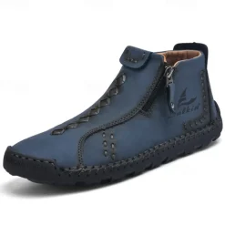 Online OUKU Men's White Faux Leather Casual Ankle Boots with Zipper and Hand-Stitched Sole | Stylish and Comfortable Outdoor Footwear