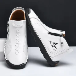 Online OUKU Men's White Faux Leather Casual Ankle Boots with Zipper and Hand-Stitched Sole | Stylish and Comfortable Outdoor Footwear