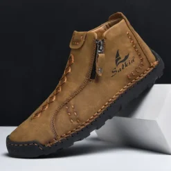 Online OUKU Men's White Faux Leather Casual Ankle Boots with Zipper and Hand-Stitched Sole | Stylish and Comfortable Outdoor Footwear