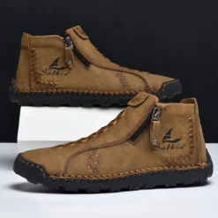 Online OUKU Men's White Faux Leather Casual Ankle Boots with Zipper and Hand-Stitched Sole | Stylish and Comfortable Outdoor Footwear