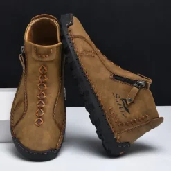 Online OUKU Men's White Faux Leather Casual Ankle Boots with Zipper and Hand-Stitched Sole | Stylish and Comfortable Outdoor Footwear
