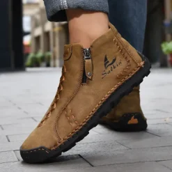 Online OUKU Men's White Faux Leather Casual Ankle Boots with Zipper and Hand-Stitched Sole | Stylish and Comfortable Outdoor Footwear