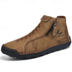 Online OUKU Men's White Faux Leather Casual Ankle Boots with Zipper and Hand-Stitched Sole | Stylish and Comfortable Outdoor Footwear