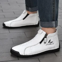 Online OUKU Men's White Faux Leather Casual Ankle Boots with Zipper and Hand-Stitched Sole | Stylish and Comfortable Outdoor Footwear