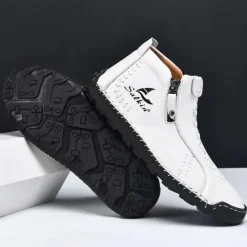Online OUKU Men's White Faux Leather Casual Ankle Boots with Zipper and Hand-Stitched Sole | Stylish and Comfortable Outdoor Footwear