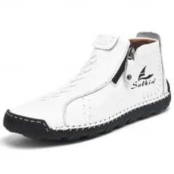 Online OUKU Men's White Faux Leather Casual Ankle Boots with Zipper and Hand-Stitched Sole | Stylish and Comfortable Outdoor Footwear