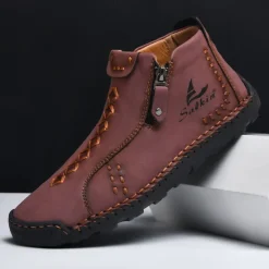 Online OUKU Men's White Faux Leather Casual Ankle Boots with Zipper and Hand-Stitched Sole | Stylish and Comfortable Outdoor Footwear